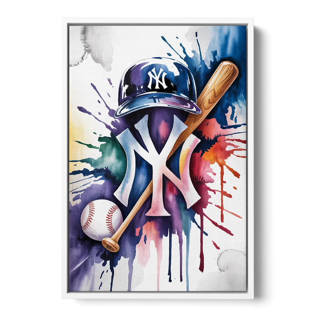 New York Yankees Watercolor Legacy Abstract Emblem Art - White Frame Canvas