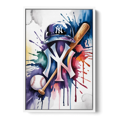 New York Yankees Watercolor Legacy Abstract Emblem Art - White Frame Canvas