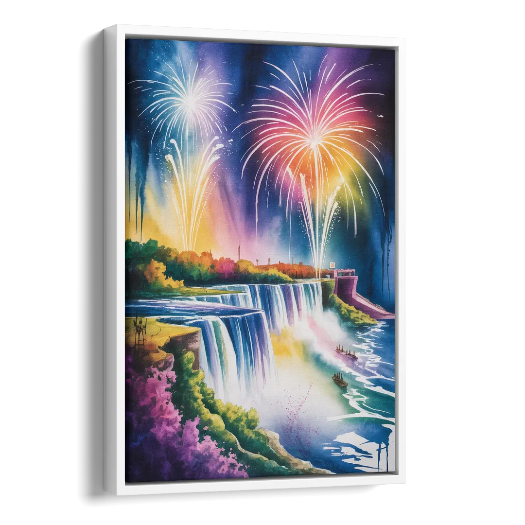 Niagara Falls Fireworks Show Side - White Canvas Wall Art