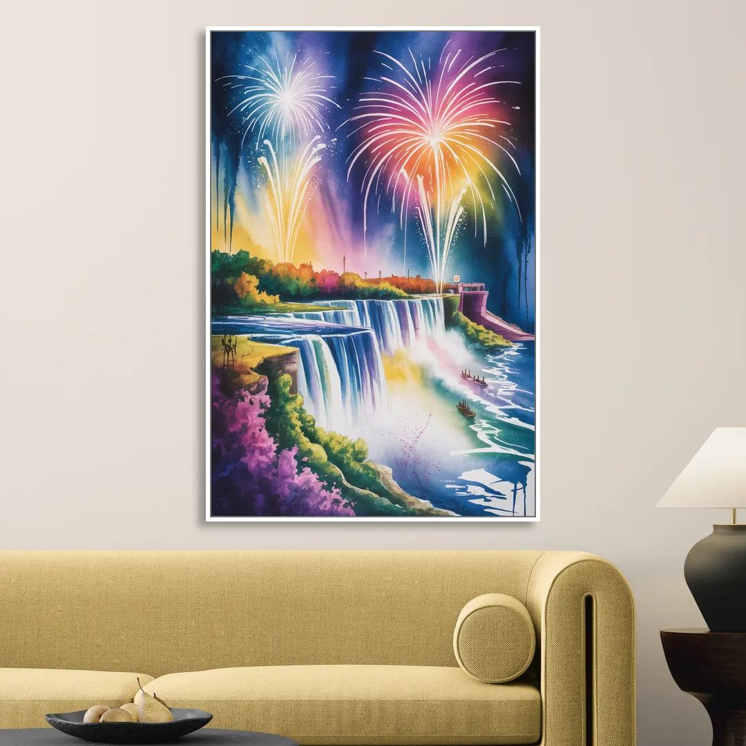 Niagara Falls Fireworks Show Sitting Room - White Canvas Wall Art