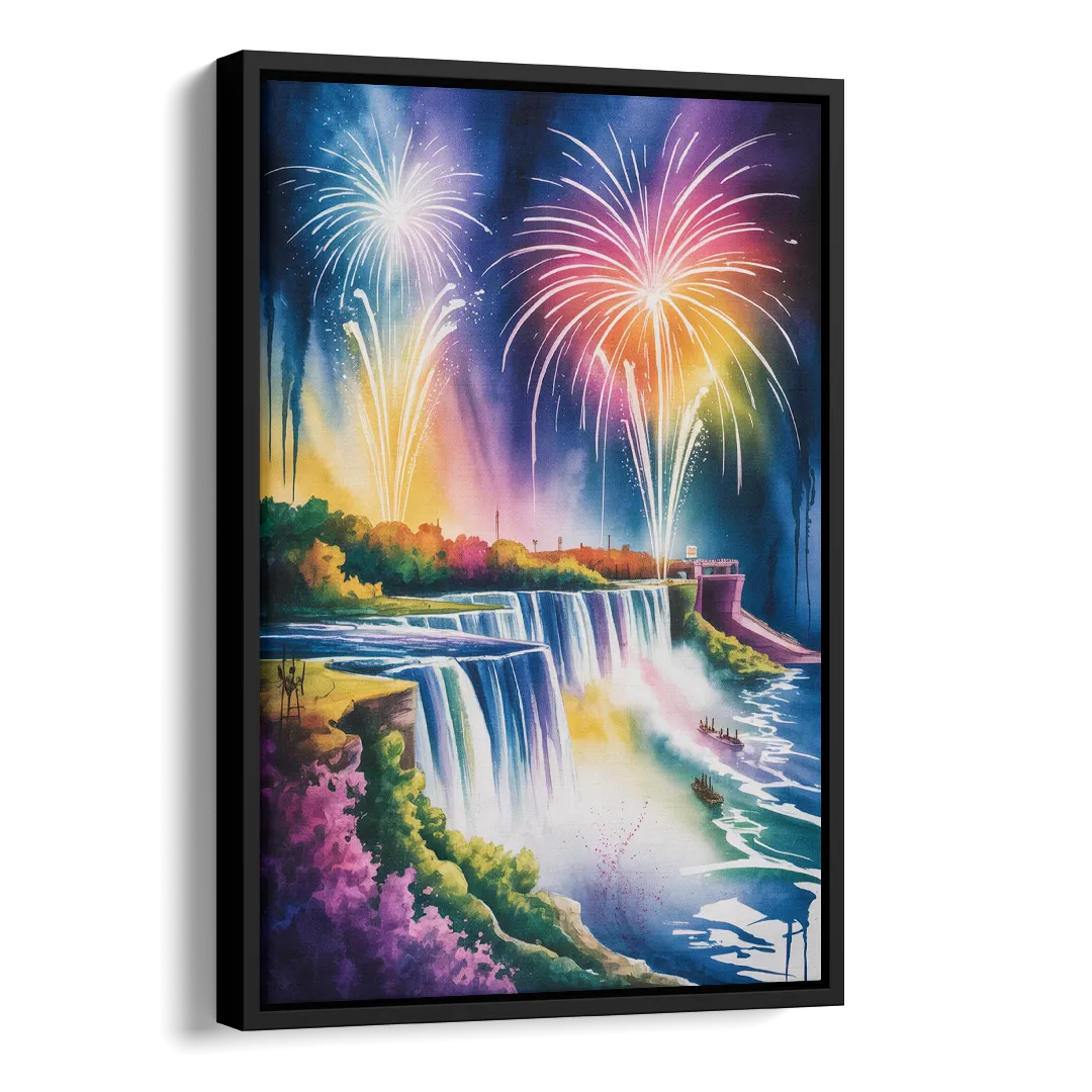 Niagara Falls Fireworks Show Side - Black Canvas Wall Art