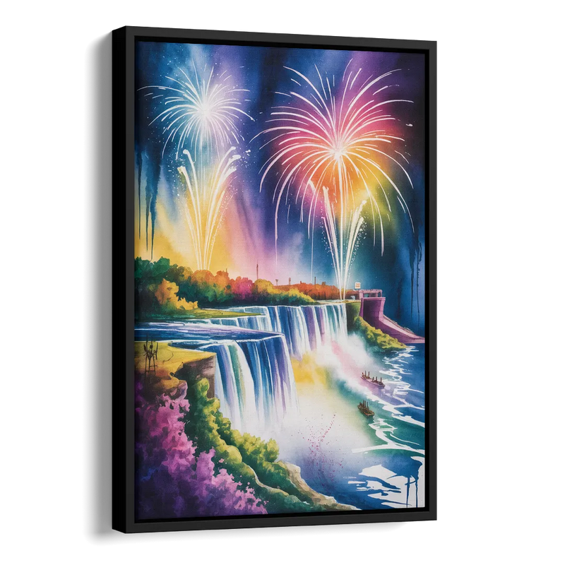Niagara Falls Fireworks Show Side - Black Canvas Wall Art