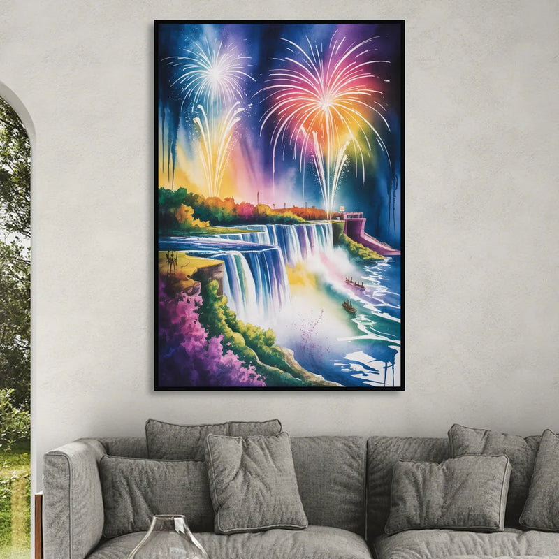 Niagara Falls Fireworks Show Sitting Room - Black Canvas Wall Art