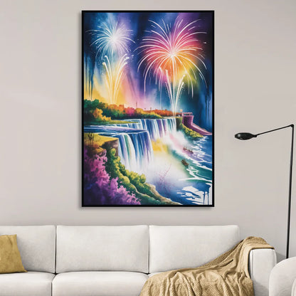 Niagara Falls Fireworks Show Living Room - Black Canvas Wall Art
