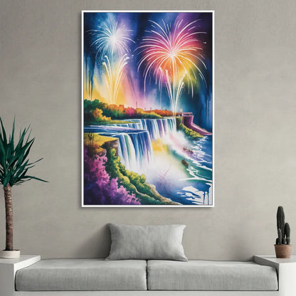 Niagara Falls Fireworks Show Living Room - White Canvas Wall Art