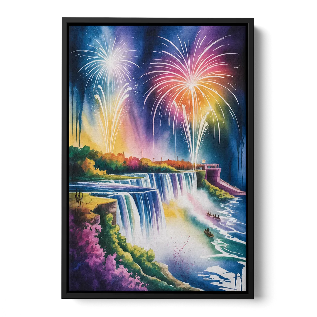 Niagara Falls Fireworks Show Front - Black Canvas Wall Art