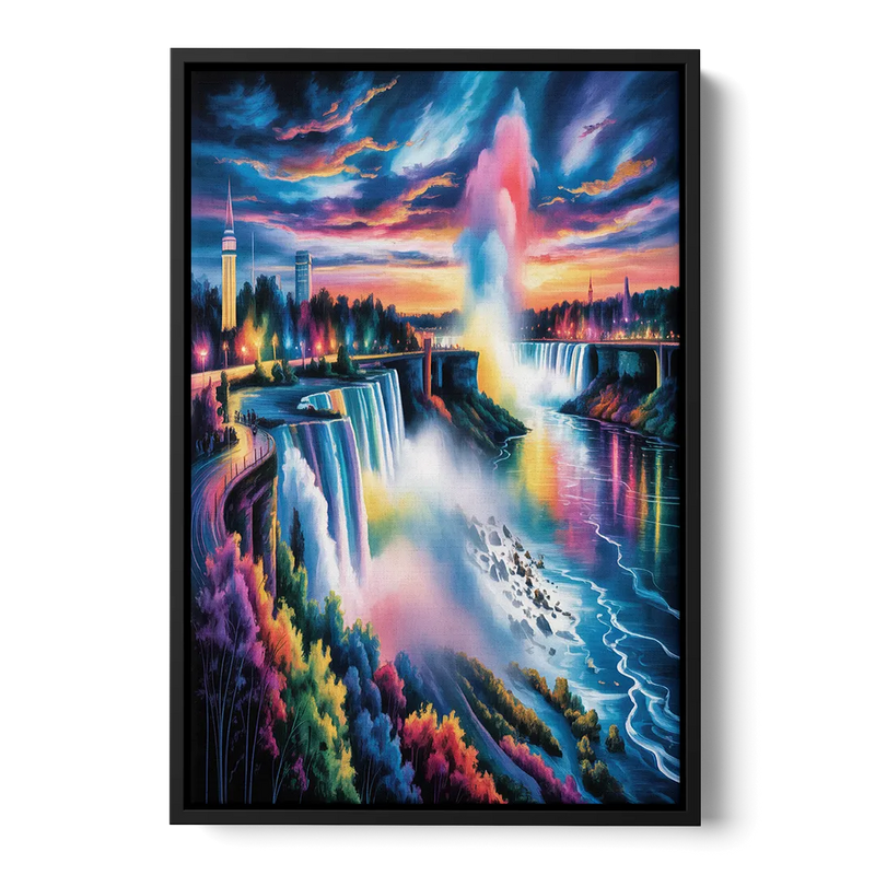 Niagara Falls Light Show Front - Black Canvas Wall Art