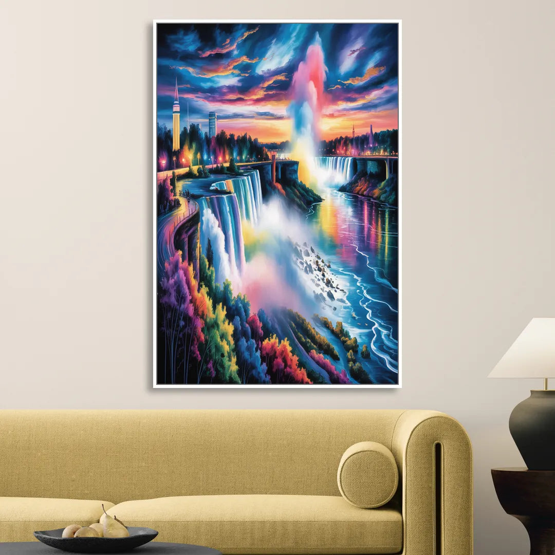Niagara Falls Light Show Living Room - White Canvas Wall Art