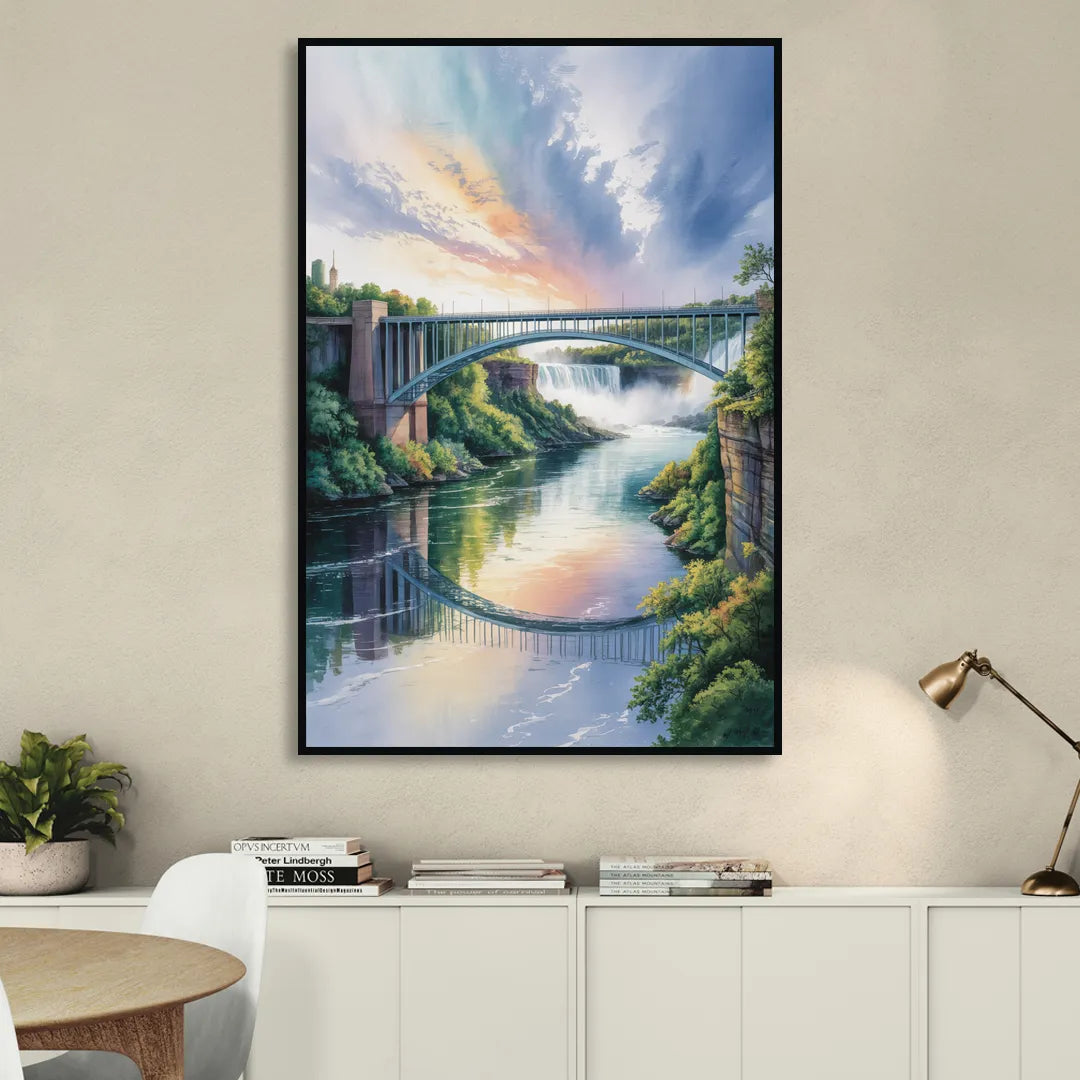 Niagara Falls Rainbow Bridge Sitting Room - Black Canvas Wall Art