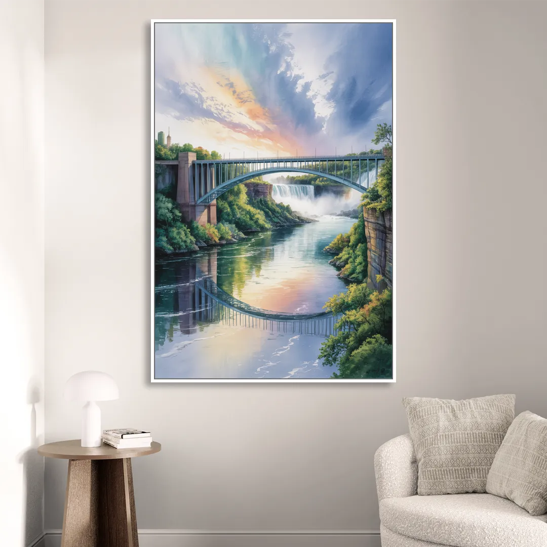 Niagara Falls Rainbow Bridge Sitting Room - White Canvas Wall Art