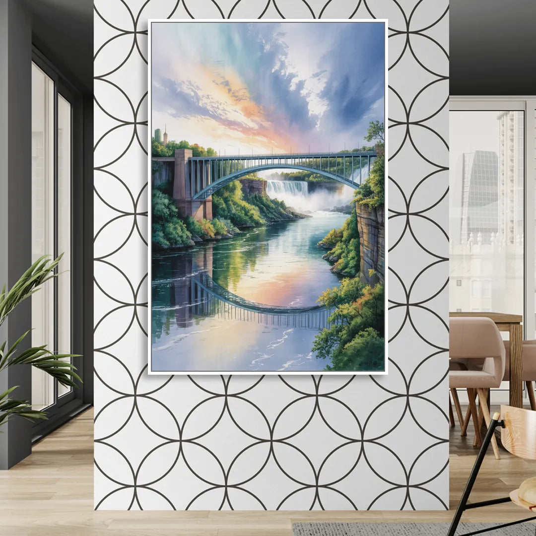 Niagara Falls Rainbow Bridge Living Room - White Canvas Wall Art