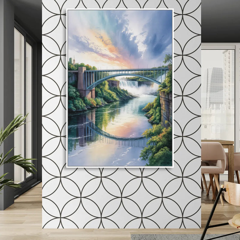 Niagara Falls Rainbow Bridge Living Room - White Canvas Wall Art