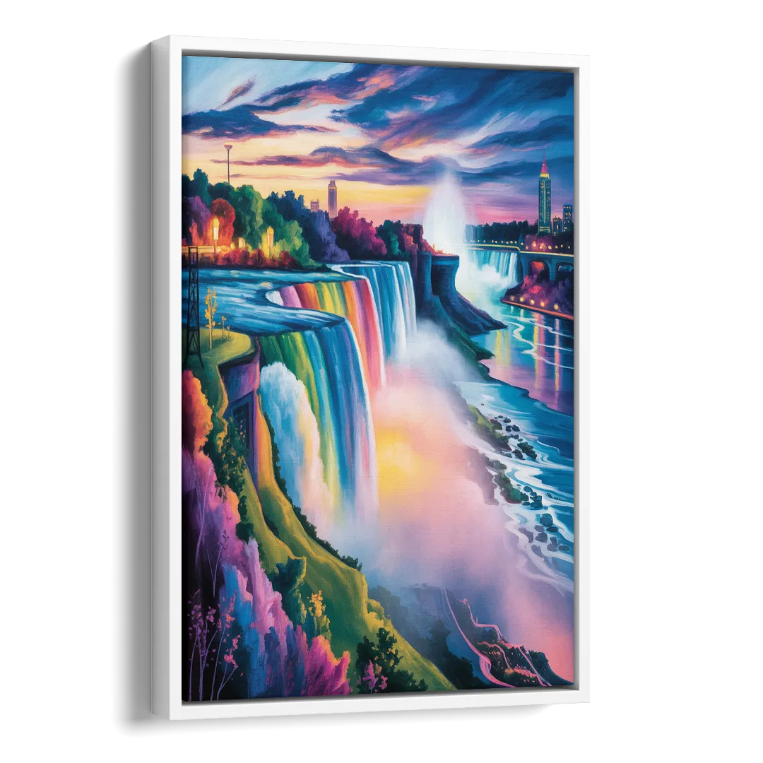 Niagara Falls Rainbow Light Side - White Canvas Wall Art