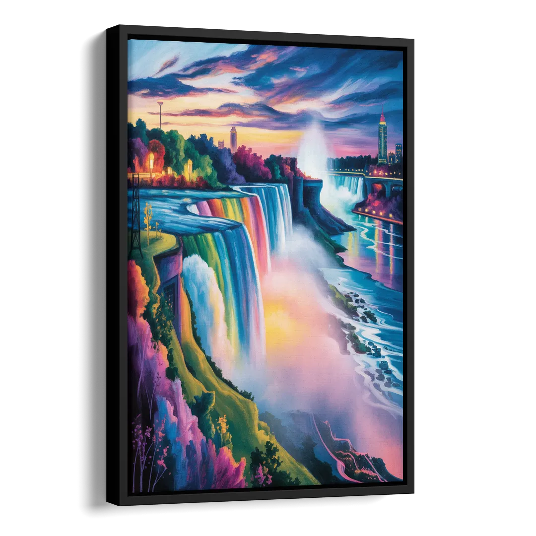 Niagara Falls Rainbow Light Side - Black Canvas Wall Art