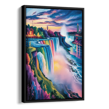 Niagara Falls Rainbow Light Side - Black Canvas Wall Art