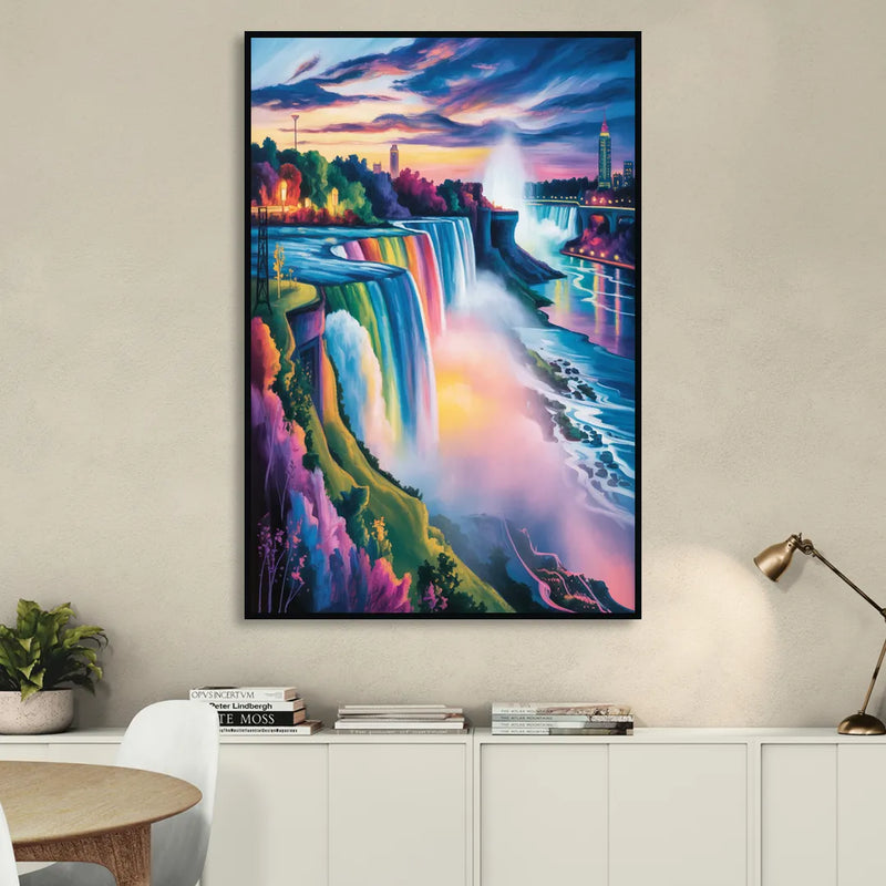 Niagara Falls Rainbow Light Living Room - Black Canvas Wall Art
