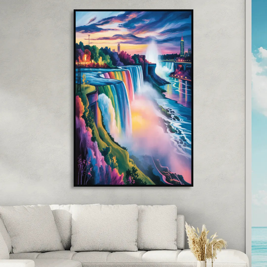 Niagara Falls Rainbow Light Sitting Room - Black Canvas Wall Art