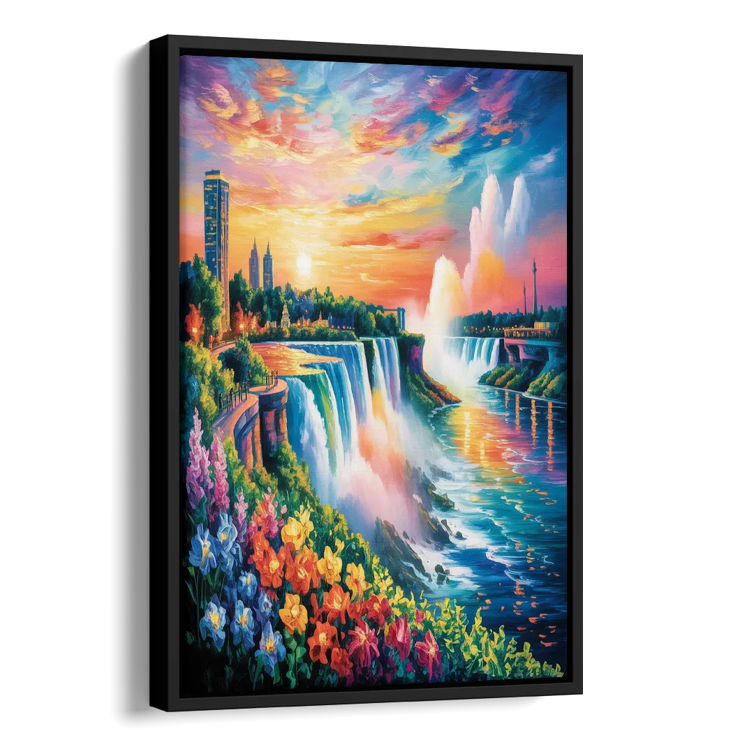 Niagara Falls Sunset Glow Side - Black Canvas Wall Art