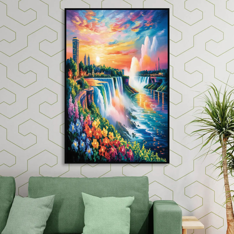 Niagara Falls Sunset Glow Sitting Room - Black Canvas Wall Art