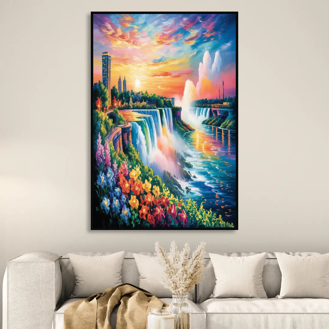 Niagara Falls Sunset Glow Living Room - Black Canvas Wall Art