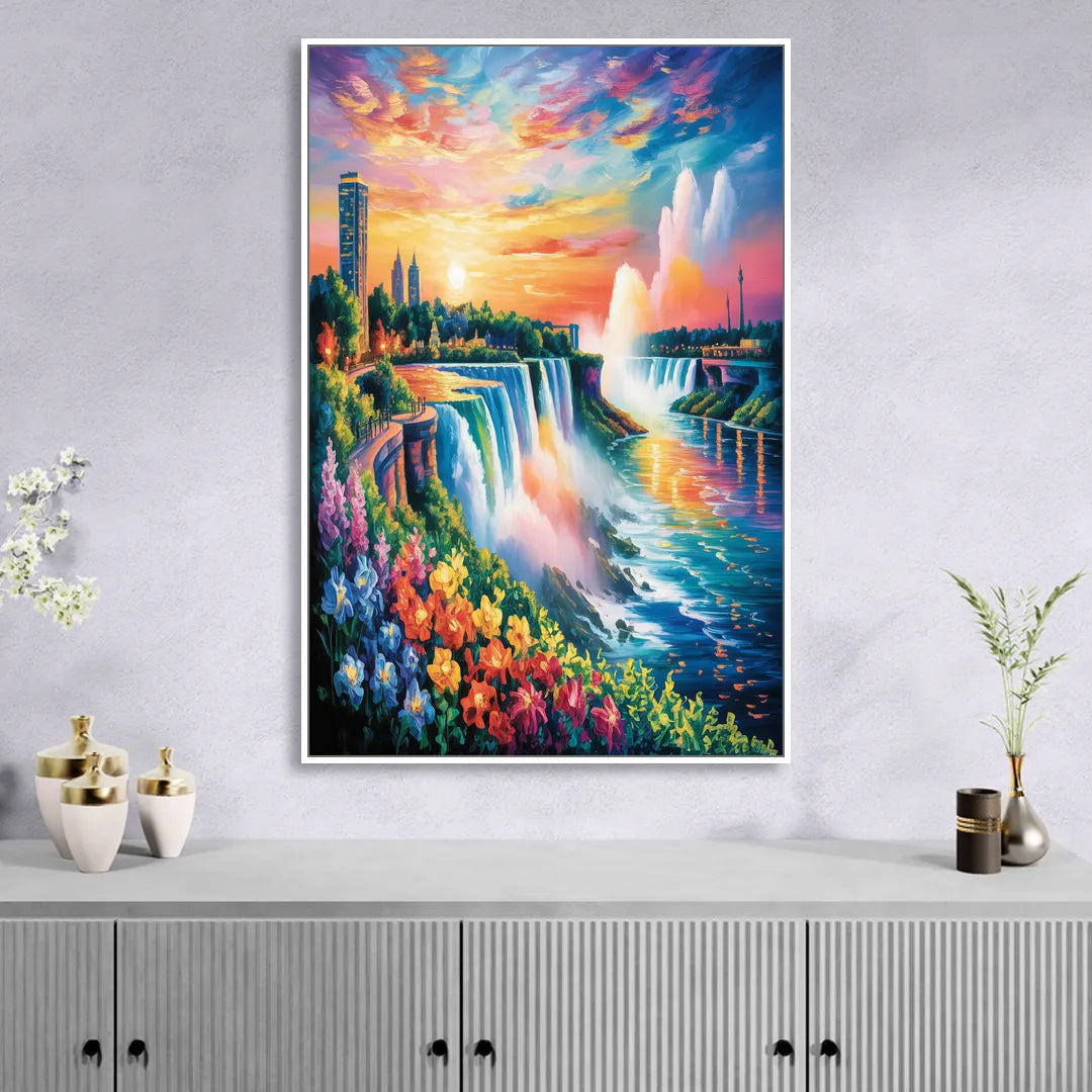 Niagara Falls Sunset Glow Living Room - White Canvas Wall Art