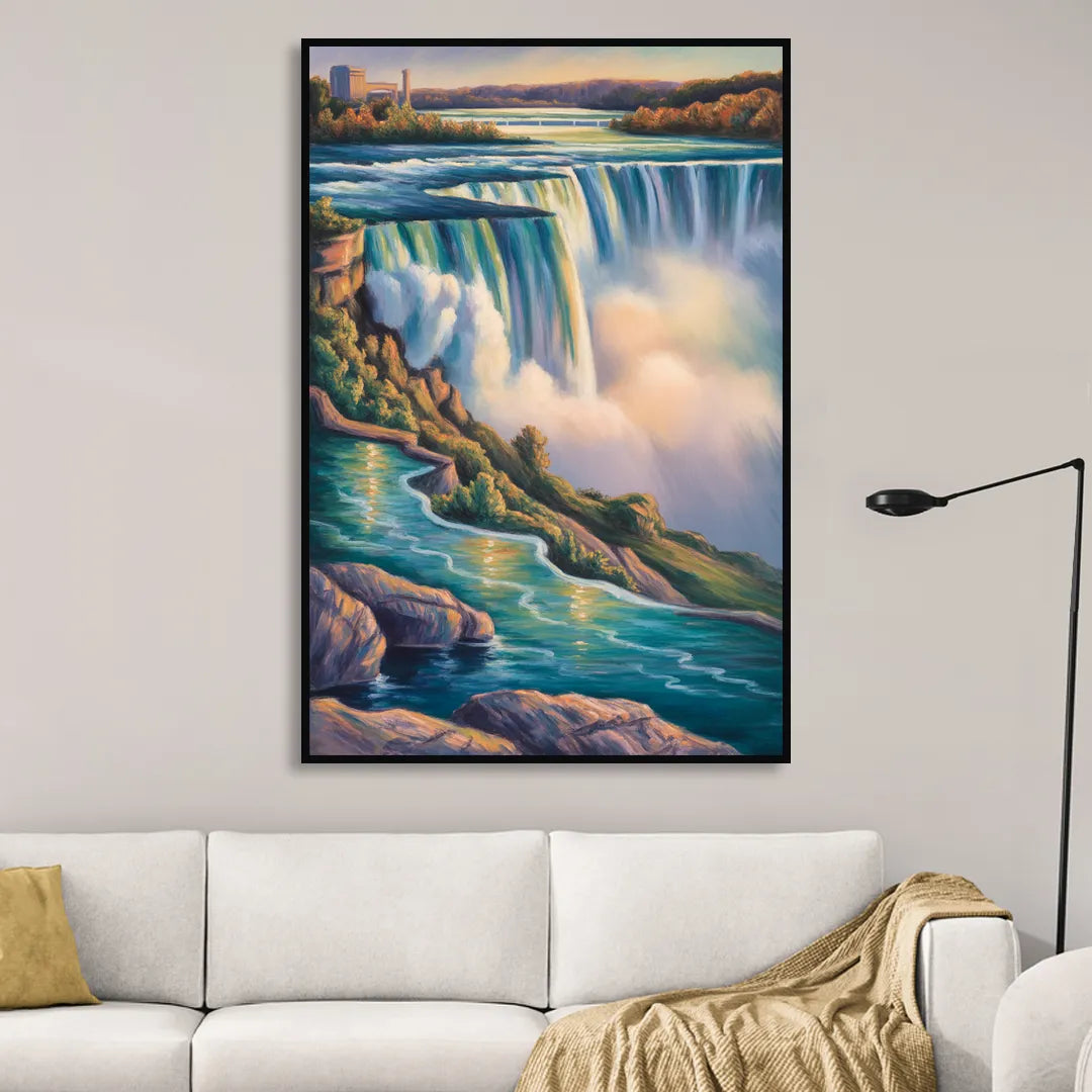 Niagara Falls Water Mist Living Room - Black Canvas Wall Art
