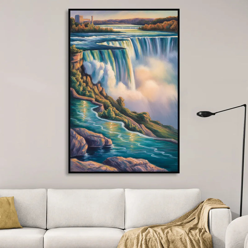 Niagara Falls Water Mist Living Room - Black Canvas Wall Art