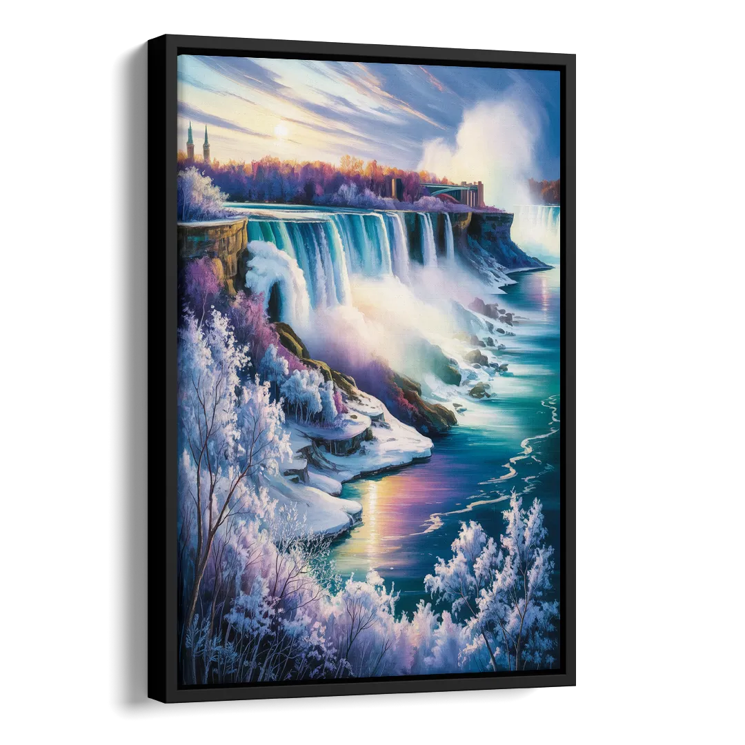 Niagara Falls Winter Freeze Side - Black Canvas Wall Art