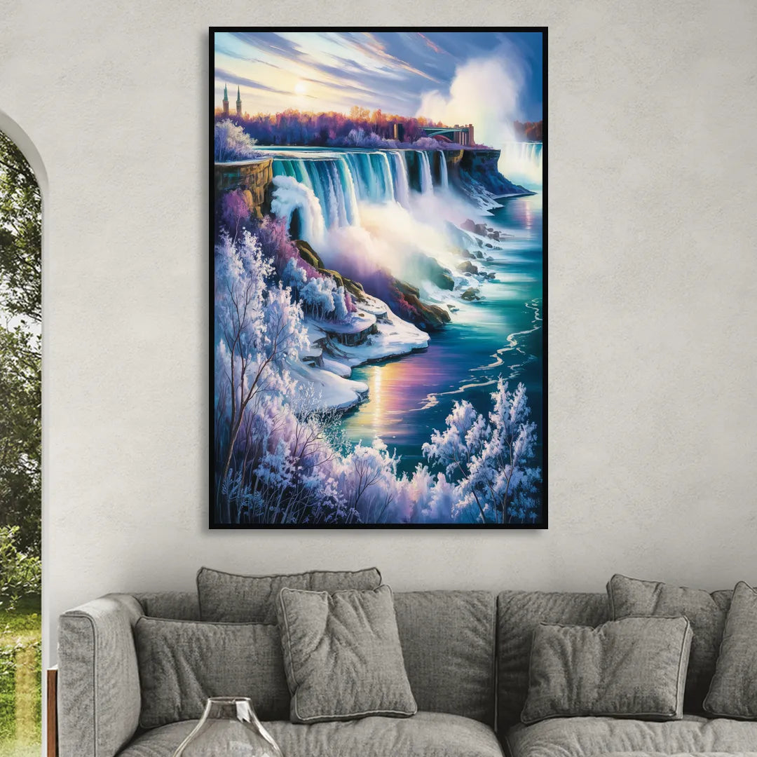 Niagara Falls Winter Freeze Living Room - Black Canvas Wall Art