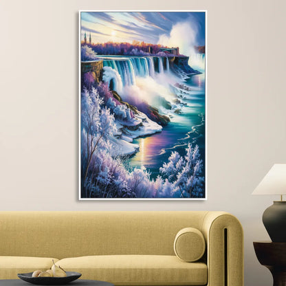 Niagara Falls Winter Freeze Living Room - White Canvas Wall Art