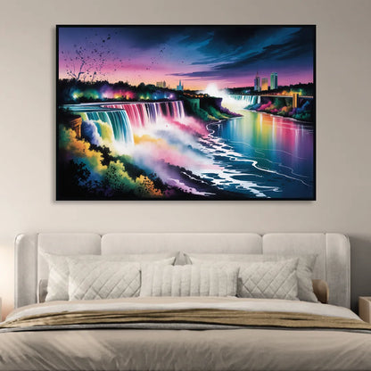 Niagara Falls at Night Living Room - Black Canvas Wall Art