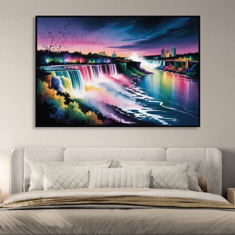 Niagara Falls at Night Living Room - Black Canvas Wall Art