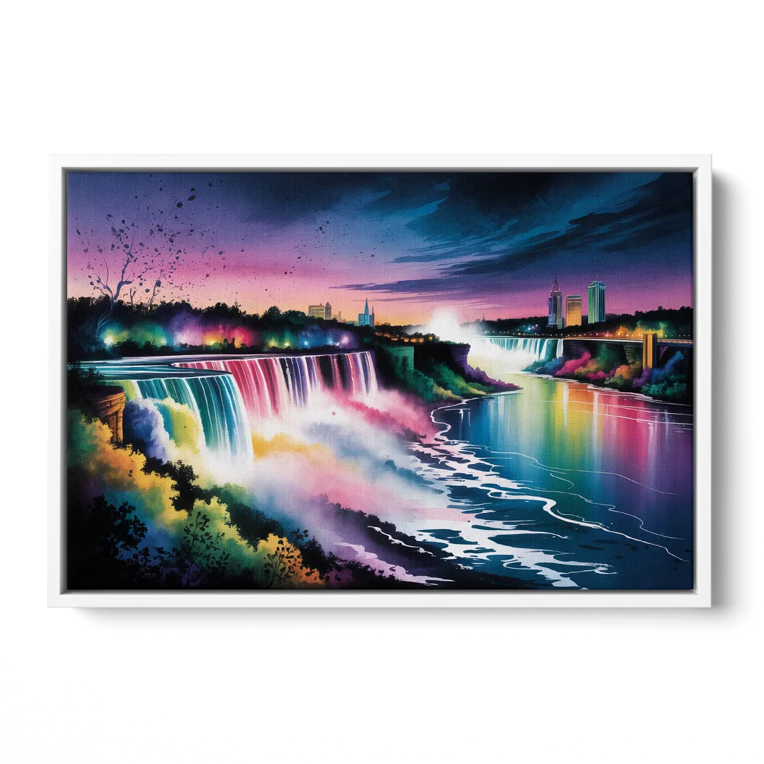 Niagara Falls at Night Front - White Canvas Wall Art