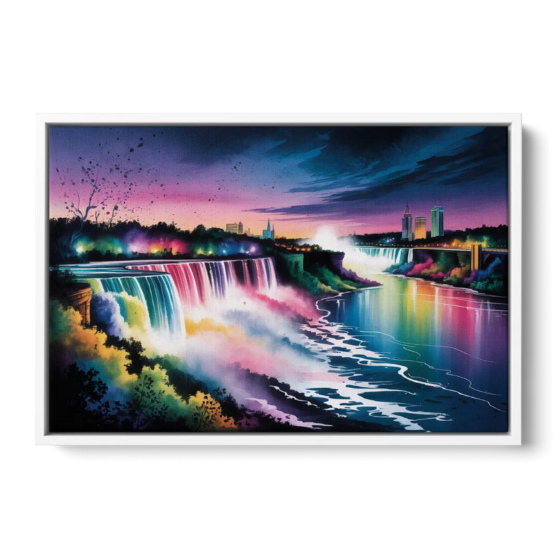 Niagara Falls at Night Front - White Canvas Wall Art