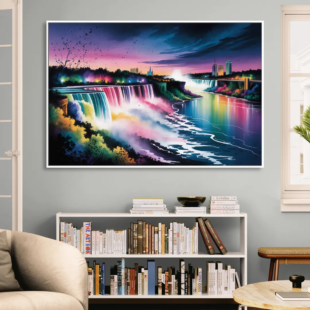 Niagara Falls at Night Sitting Room - White Canvas Wall Art