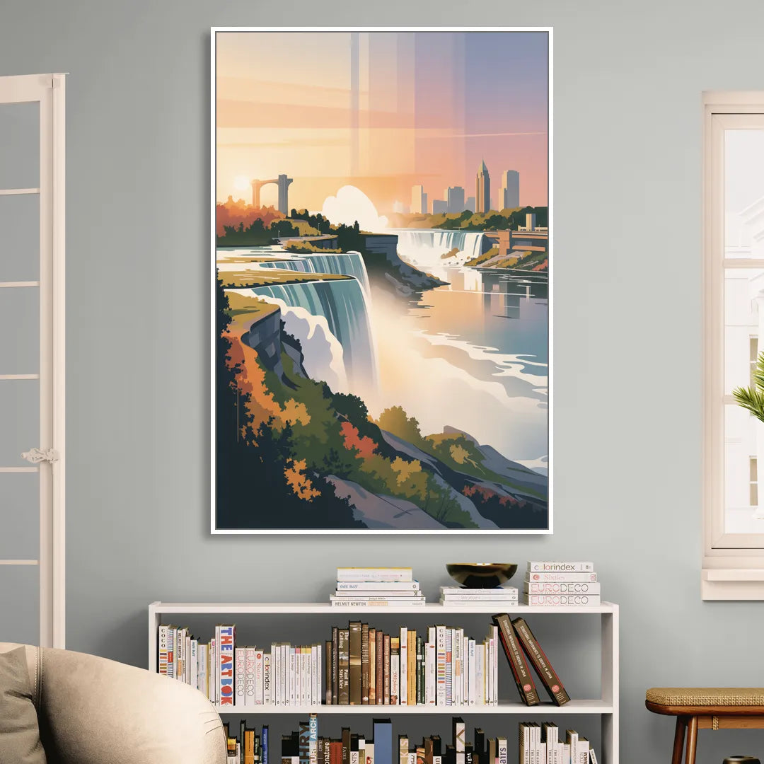 Niagara Falls at Sunset Sitting Room - White Canvas Wall Art