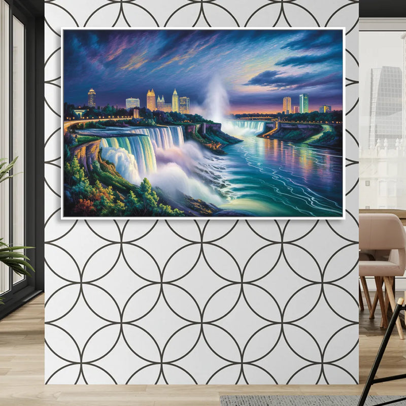 Niagara Night Skyline Living Room - White Canvas Wall Art
