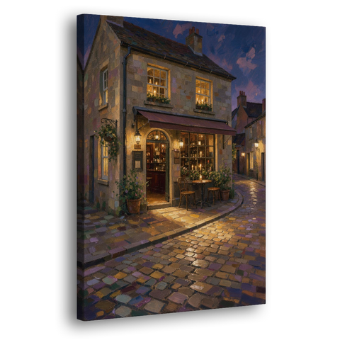 Night Bar Painting on a Cobbled Lane - Canvas Wall Art - Side