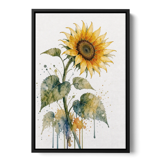 Farmhouse Nodding Watercolor Sunflower with Dripping Leaves - Black Framed Canvas Wall Art - Front