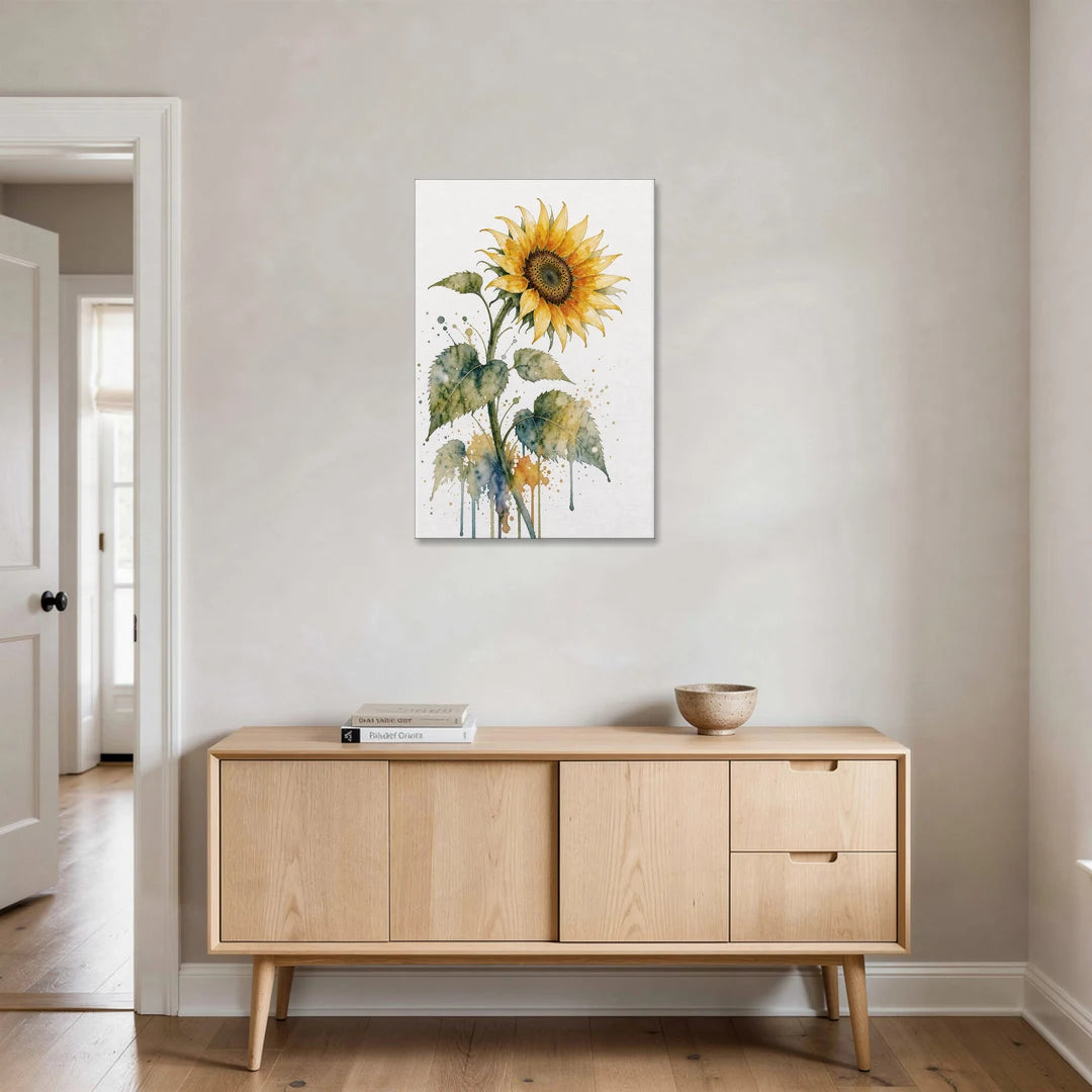 Nodding Watercolor Sunflower with Dripping Leaves - Canvas Wall Art - Coffee Table - 24x36