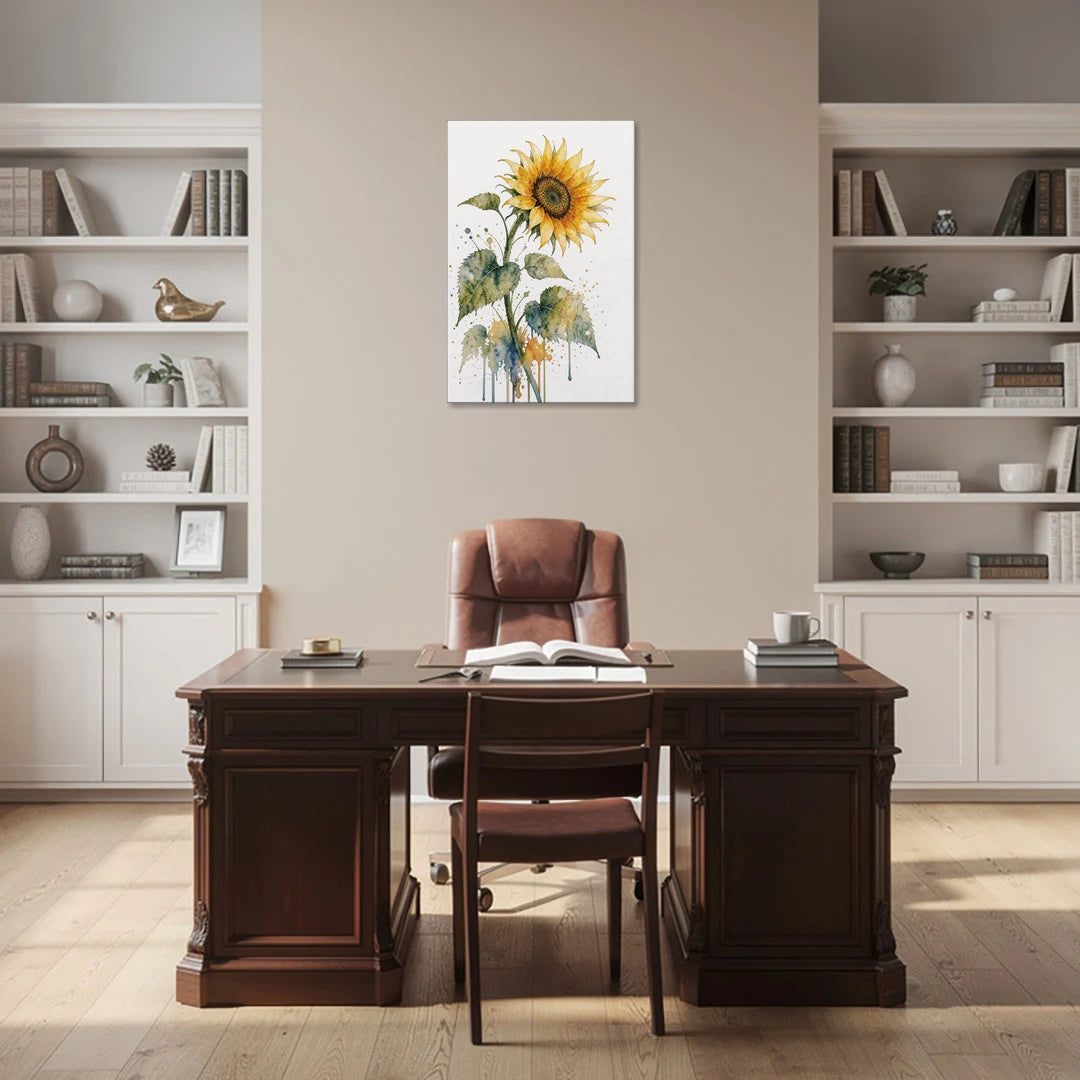 Nodding Watercolor Sunflower with Dripping Leaves - Canvas Wall Art - Office - 24x36