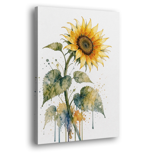 Nodding Watercolor Sunflower with Dripping Leaves - Canvas Wall Art - Side