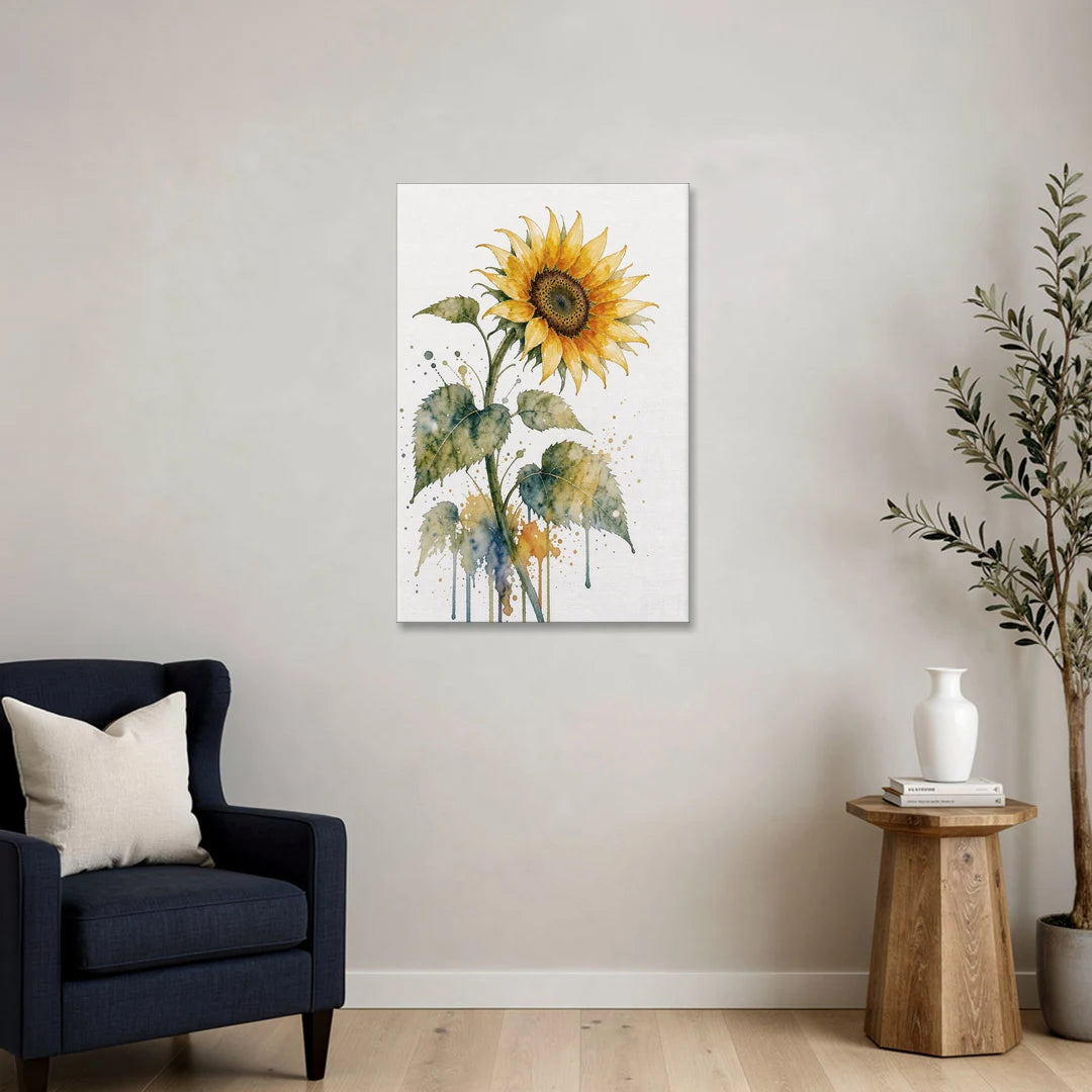 Nodding Watercolor Sunflower with Dripping Leaves - Canvas Wall Art - Sofa - 24x36