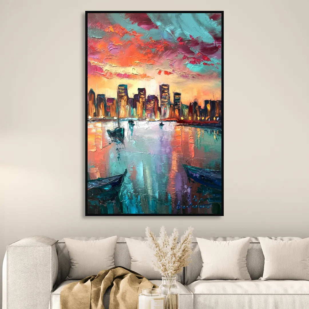 Norfolk Harbor Reflections Sitting Room - Black Canvas Wall Art