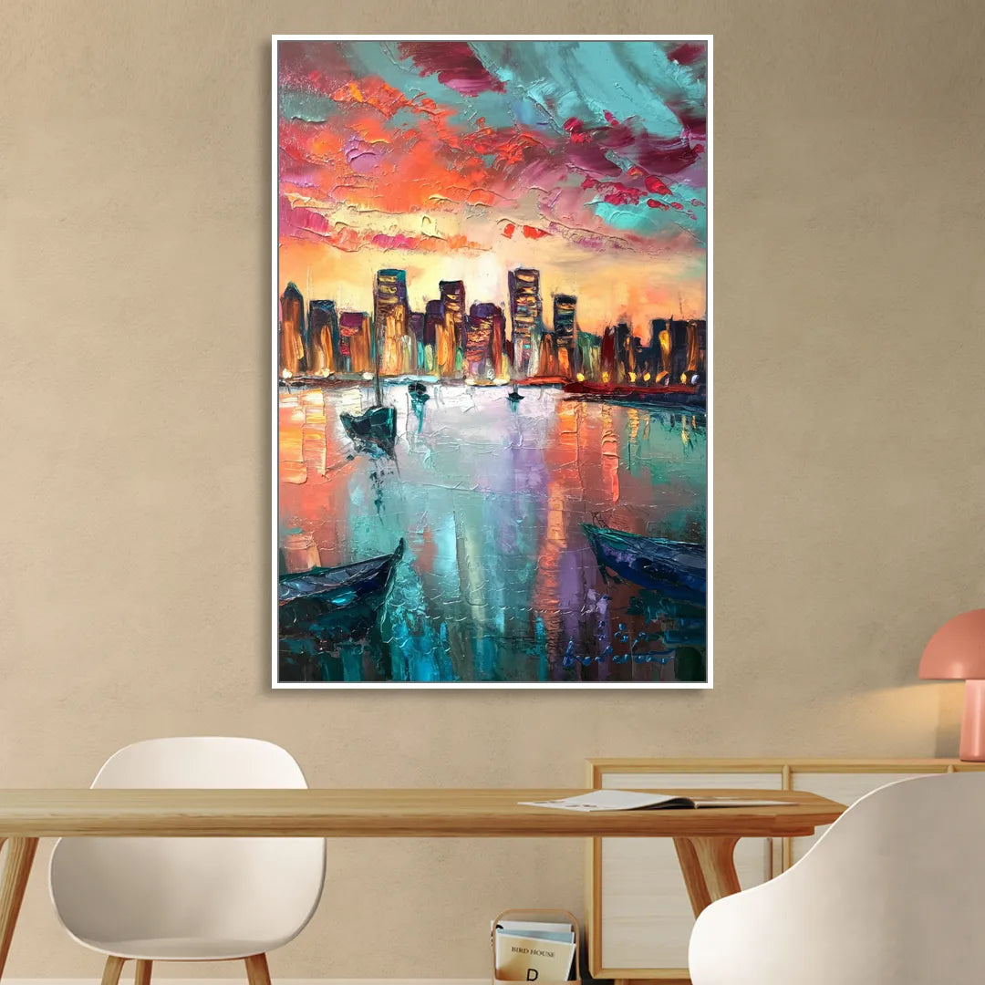 Norfolk Harbor Reflections Living Room - White Canvas Wall Art