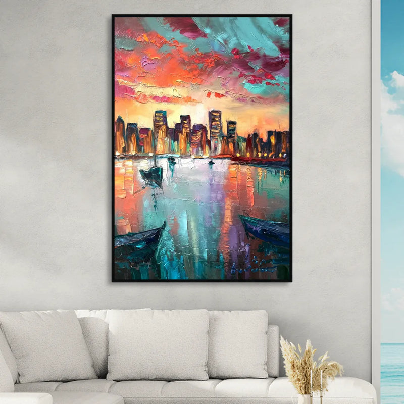 Norfolk Harbor Reflections Living Room - Black Canvas Wall Art