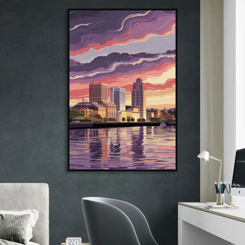Norfolk Skyline at Sunset Living Room - Black Canvas Wall Art