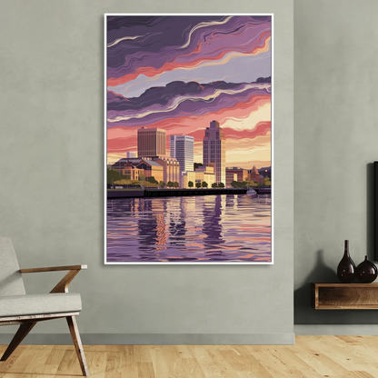 Norfolk Skyline at Sunset Living Room - White Canvas Wall Art