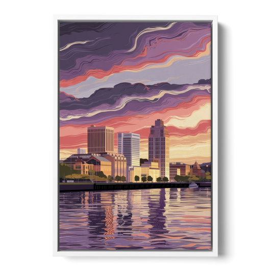 Norfolk Skyline at Sunset - White Framed Canvas Wall Art - Front