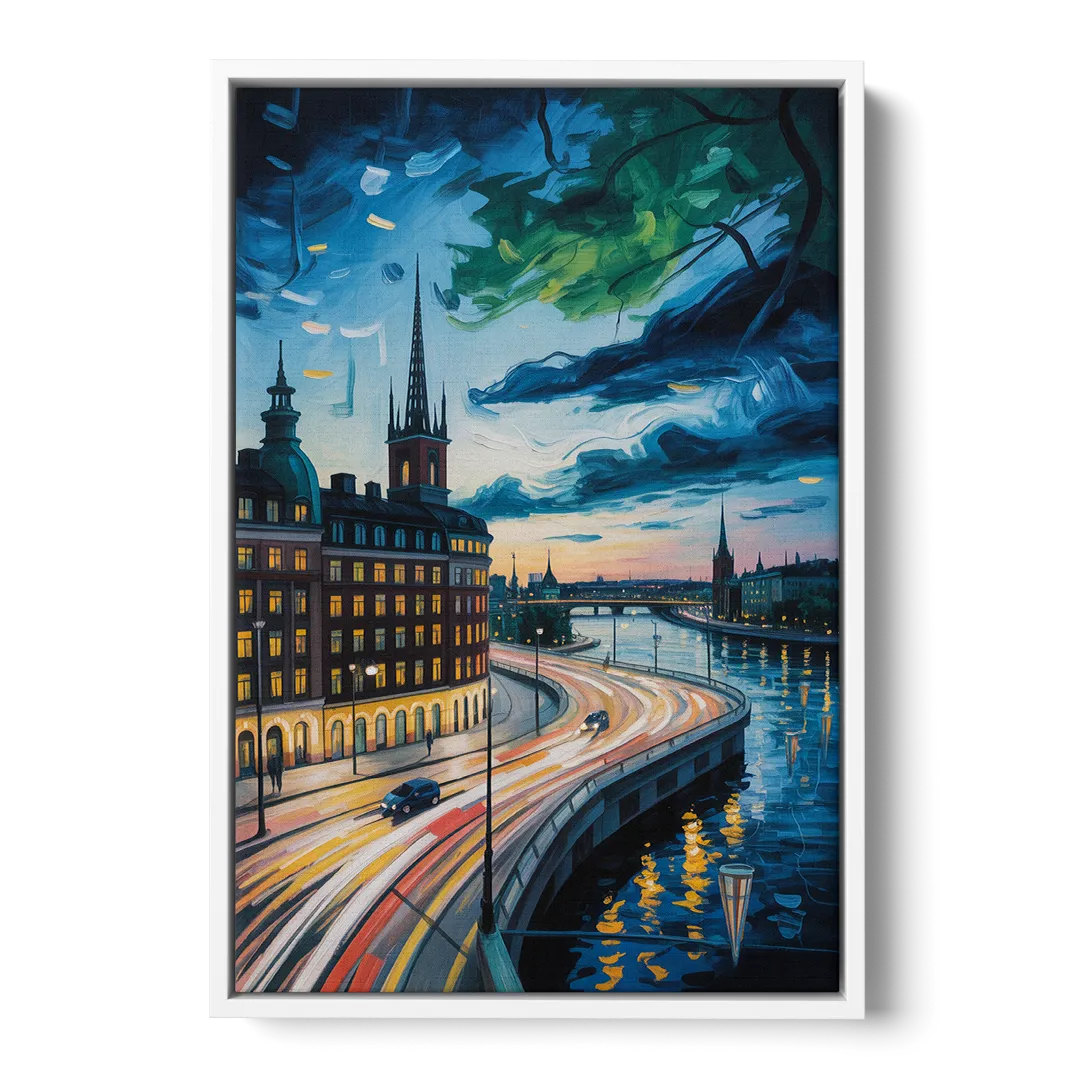 Norrmalm Nights Front - White Canvas Wall Art